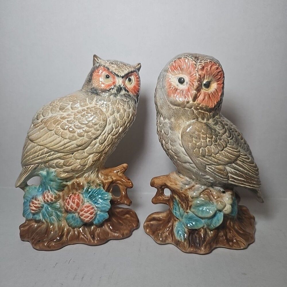 Vintage-style Set Of 2 Ceramic Owls 8"